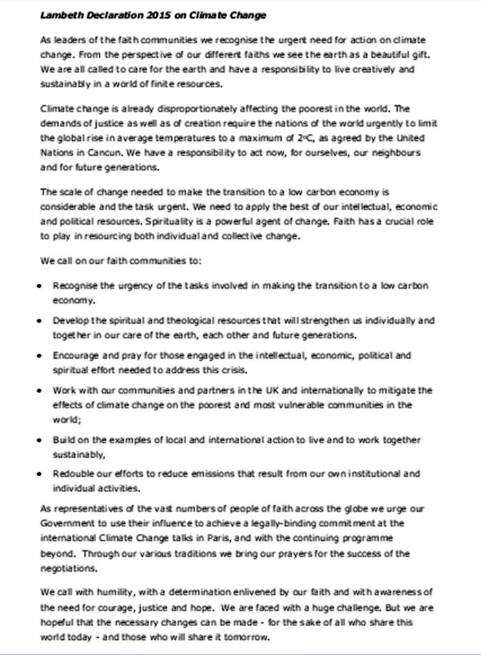 Declaración de Lambeth por el Cambio Climático 2015, firmada por líderes interreligiosos del mundo.