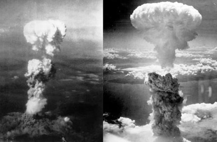 Nubes de bomba atómica sobre Hiroshima (izquierda) y Nagasaki (derecha).